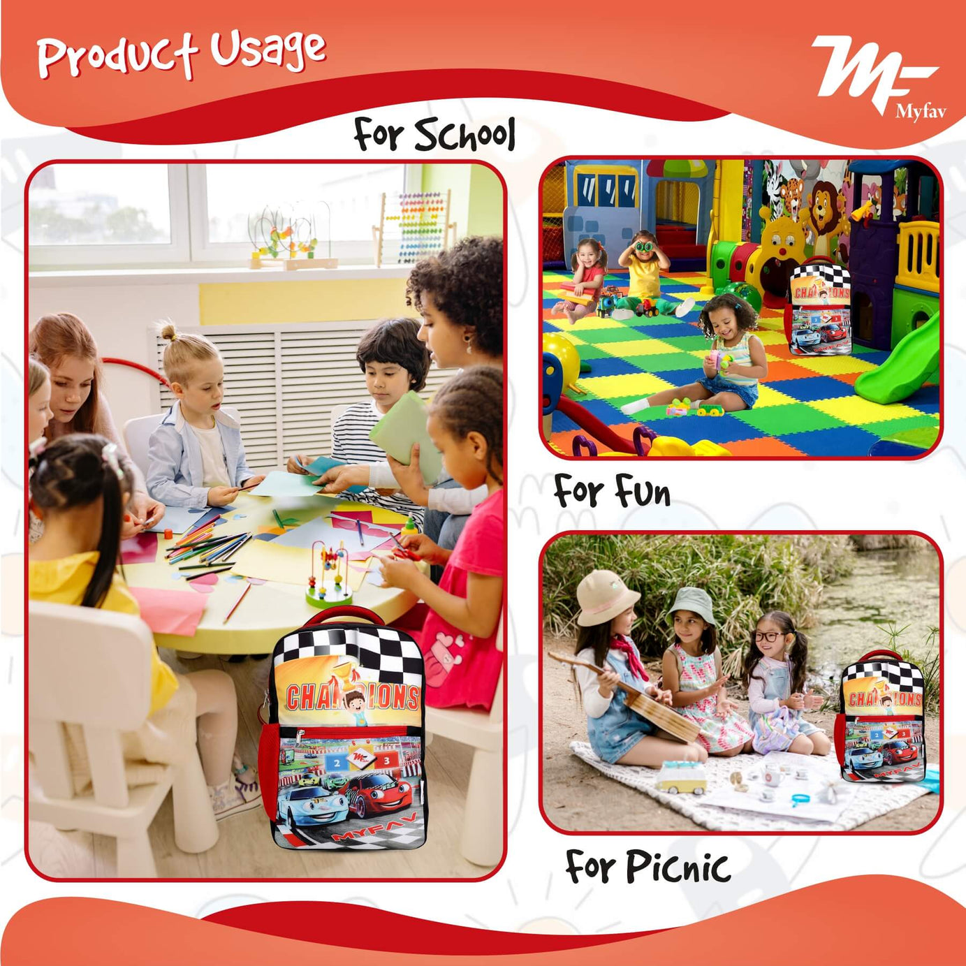 My Fav Cute Car Kids School Bag For Girls/Boys, School, Casual, Picnic, Nursery-(2 to 10 year Old Kid)