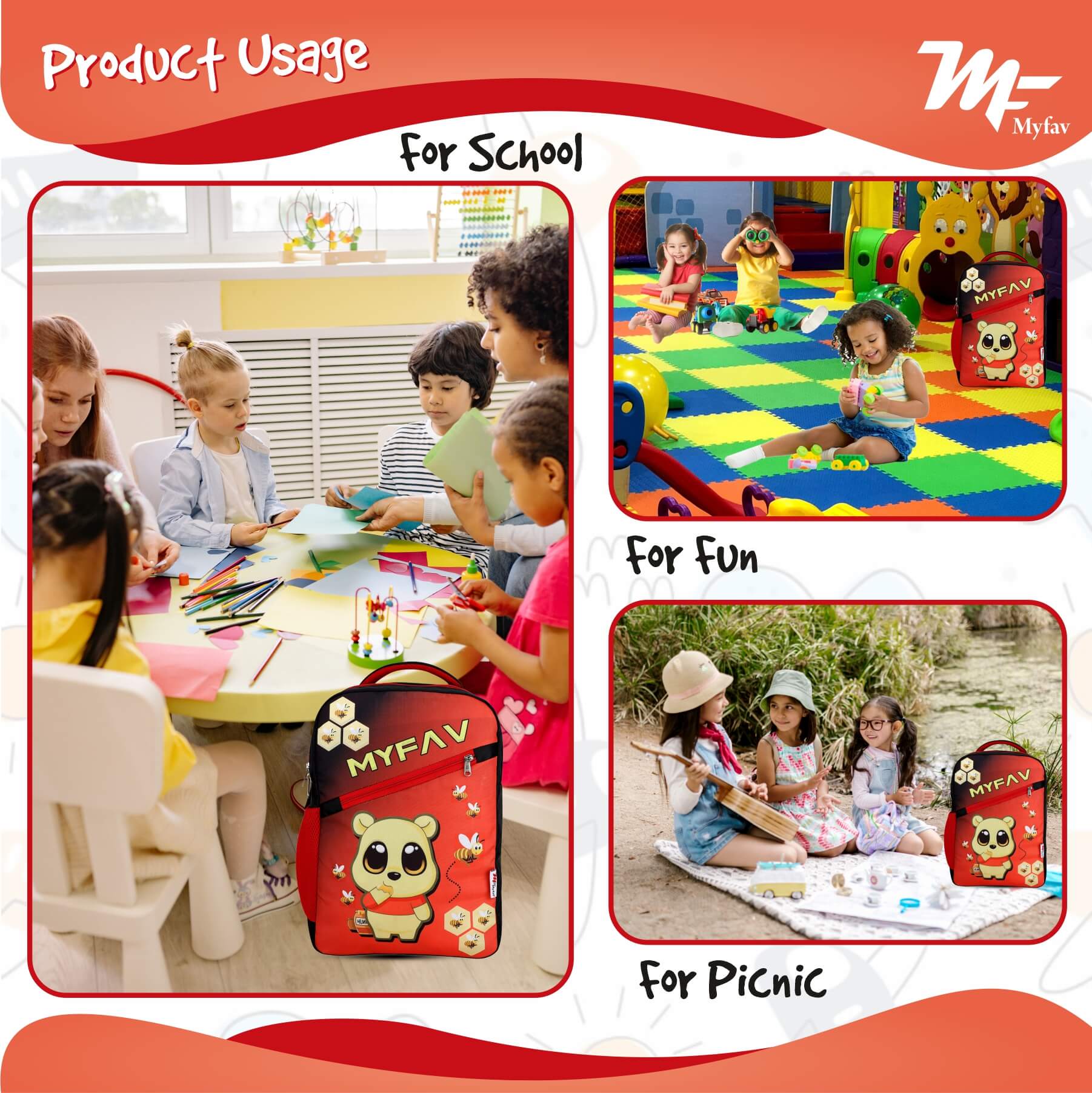 My Fav Cute Bear Kids School Bag For Girls/Boys, School, Casual, Picnic, Nursery-(2 to 10 year Old Kid)