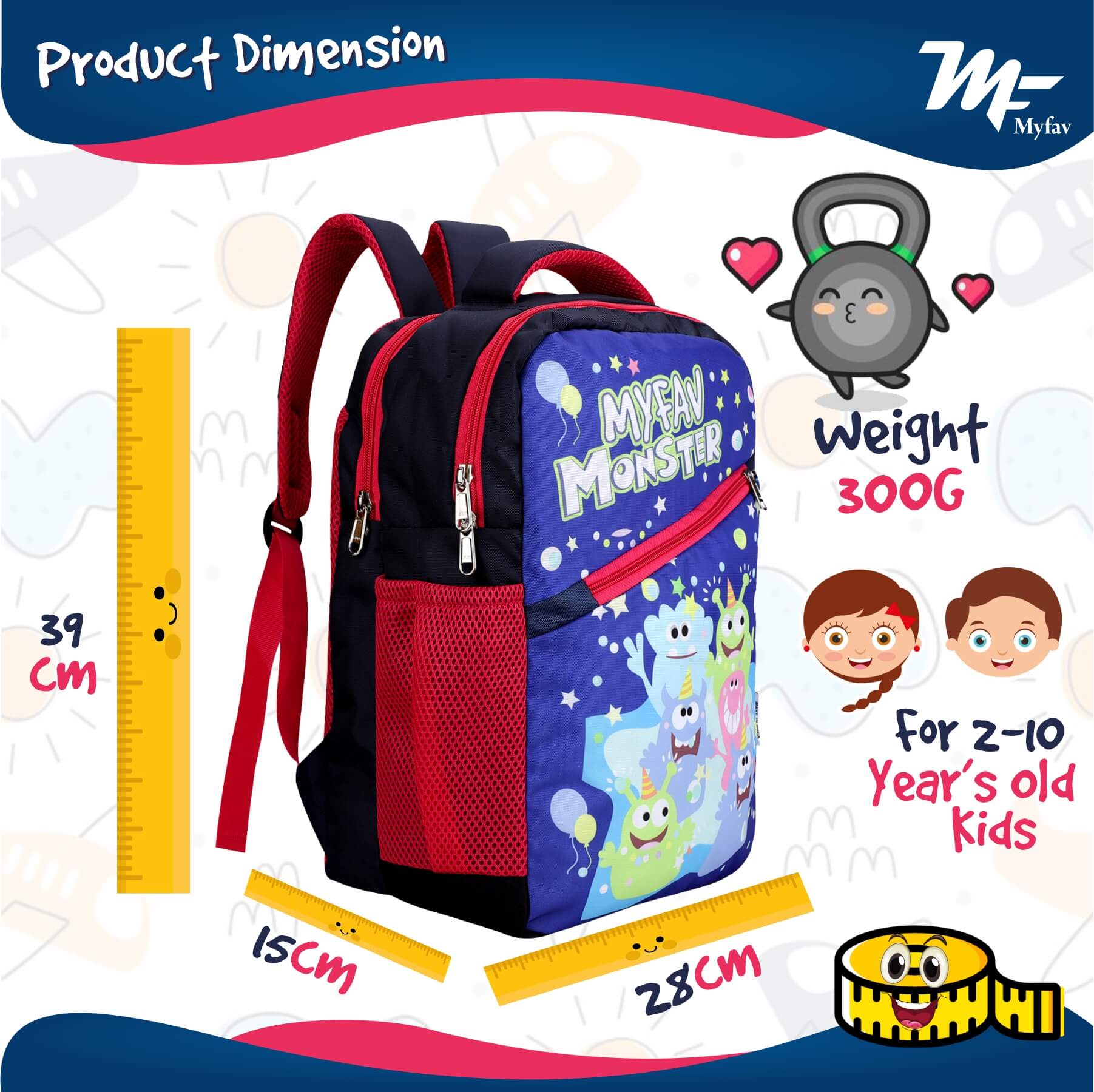 My Fav Cute Monster Kids School Bag For Girls/Boys, School, Casual, Picnic, Nursery-(2 to 10 year Old Kid)