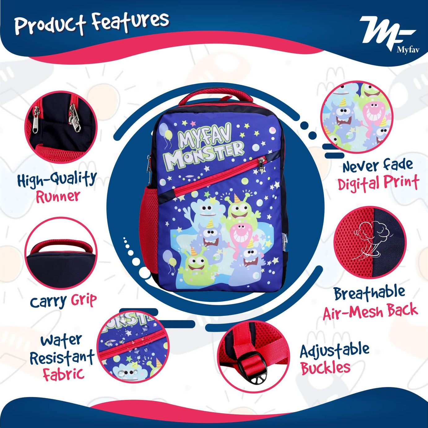 My Fav Cute Monster Kids School Bag For Girls/Boys, School, Casual, Picnic, Nursery-(2 to 10 year Old Kid)