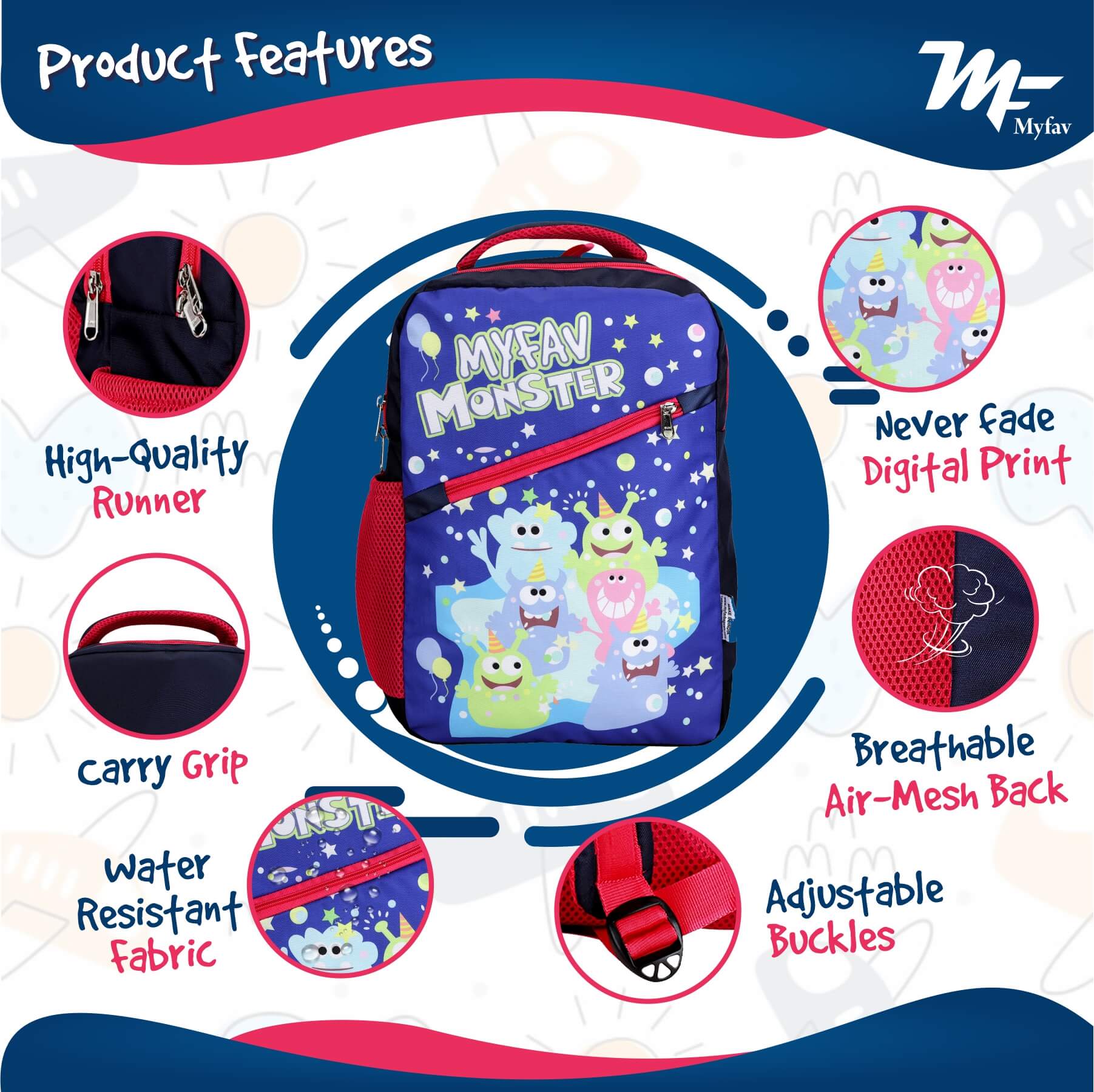 My Fav Cute Monster Kids School Bag For Girls/Boys, School, Casual, Picnic, Nursery-(2 to 10 year Old Kid)