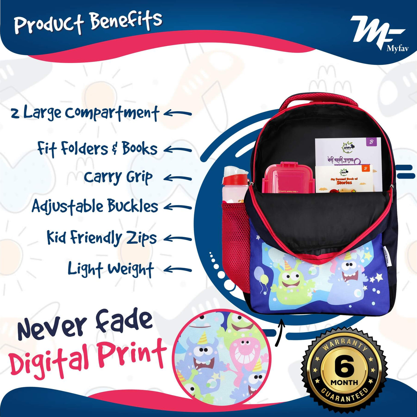 My Fav Cute Monster Kids School Bag For Girls/Boys, School, Casual, Picnic, Nursery-(2 to 10 year Old Kid)