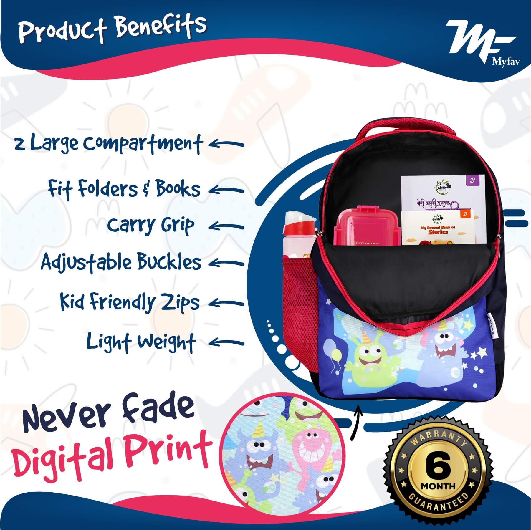 My Fav Cute Monster Kids School Bag For Girls/Boys, School, Casual, Picnic, Nursery-(2 to 10 year Old Kid)