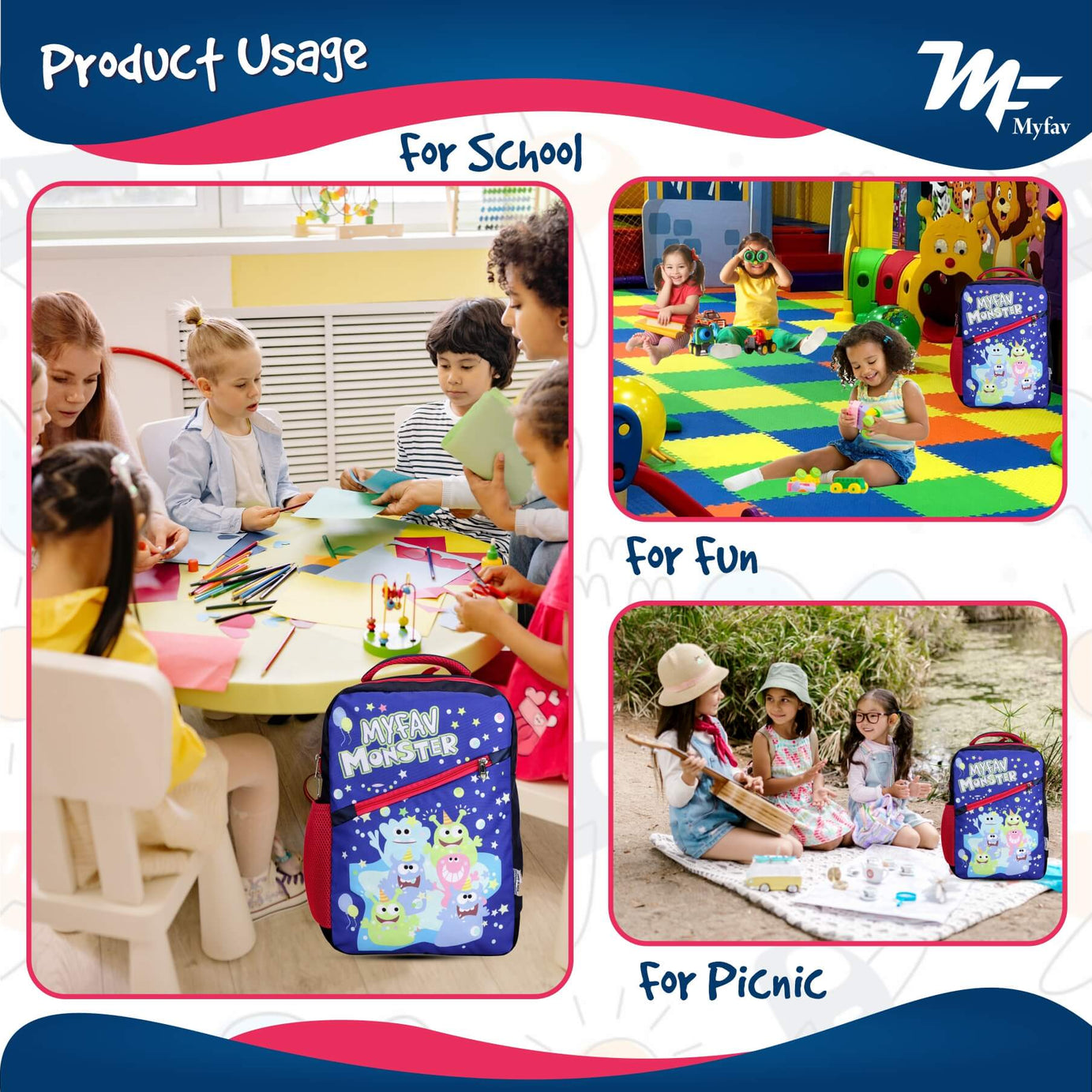 My Fav Cute Monster Kids School Bag For Girls/Boys, School, Casual, Picnic, Nursery-(2 to 10 year Old Kid)