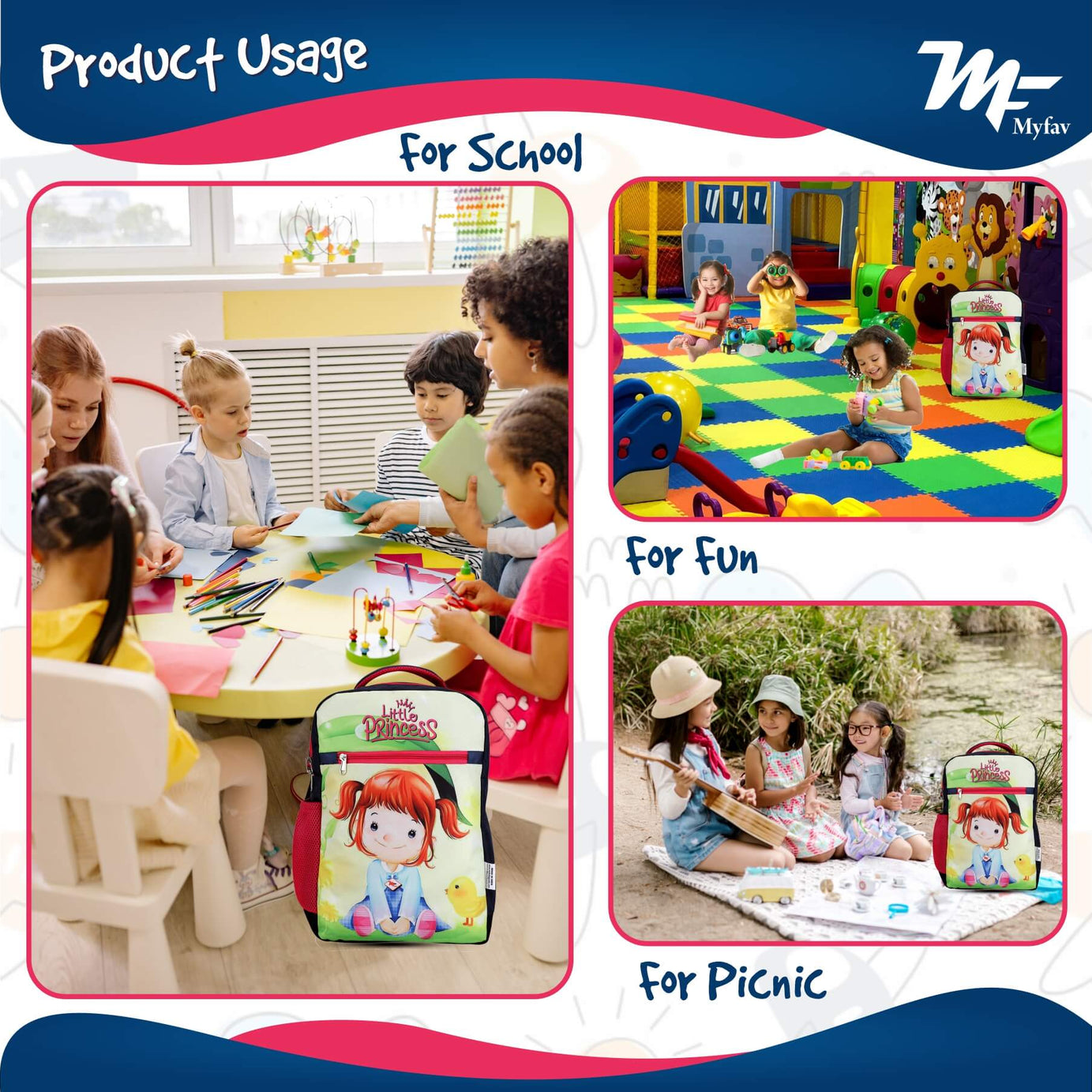 My Fav Cute little Princess Kids School Bag For Girls/Boys, School, Casual, Picnic, Nursery-(2 to 10 year Old Kid)