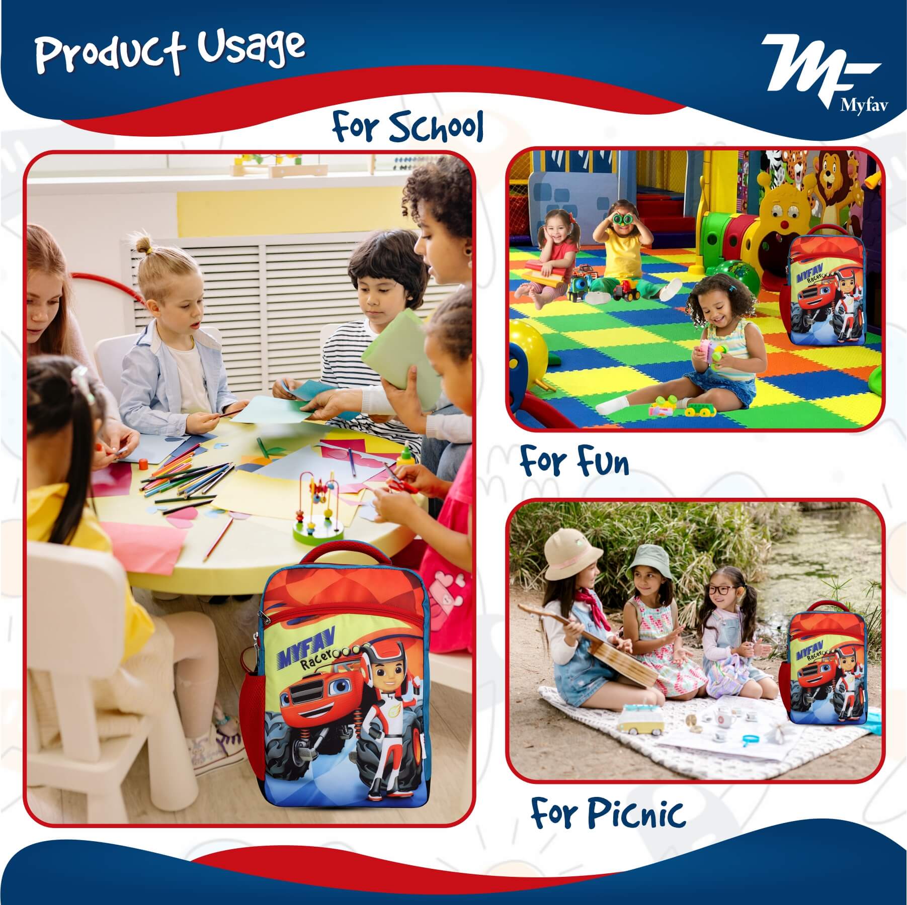 My Fav Cute Racer Kids School Bag For Girls/Boys, School, Casual, Picnic, Nursery-(2 to 10 year Old Kid)