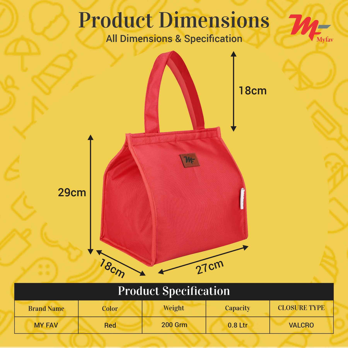 MY FAV Lunch Bag for Kids, Men & Women, Velcro Closure Tiffin Bag for Travel, Office, College & School, Durable and Lightweight (8 Liter) (Red)