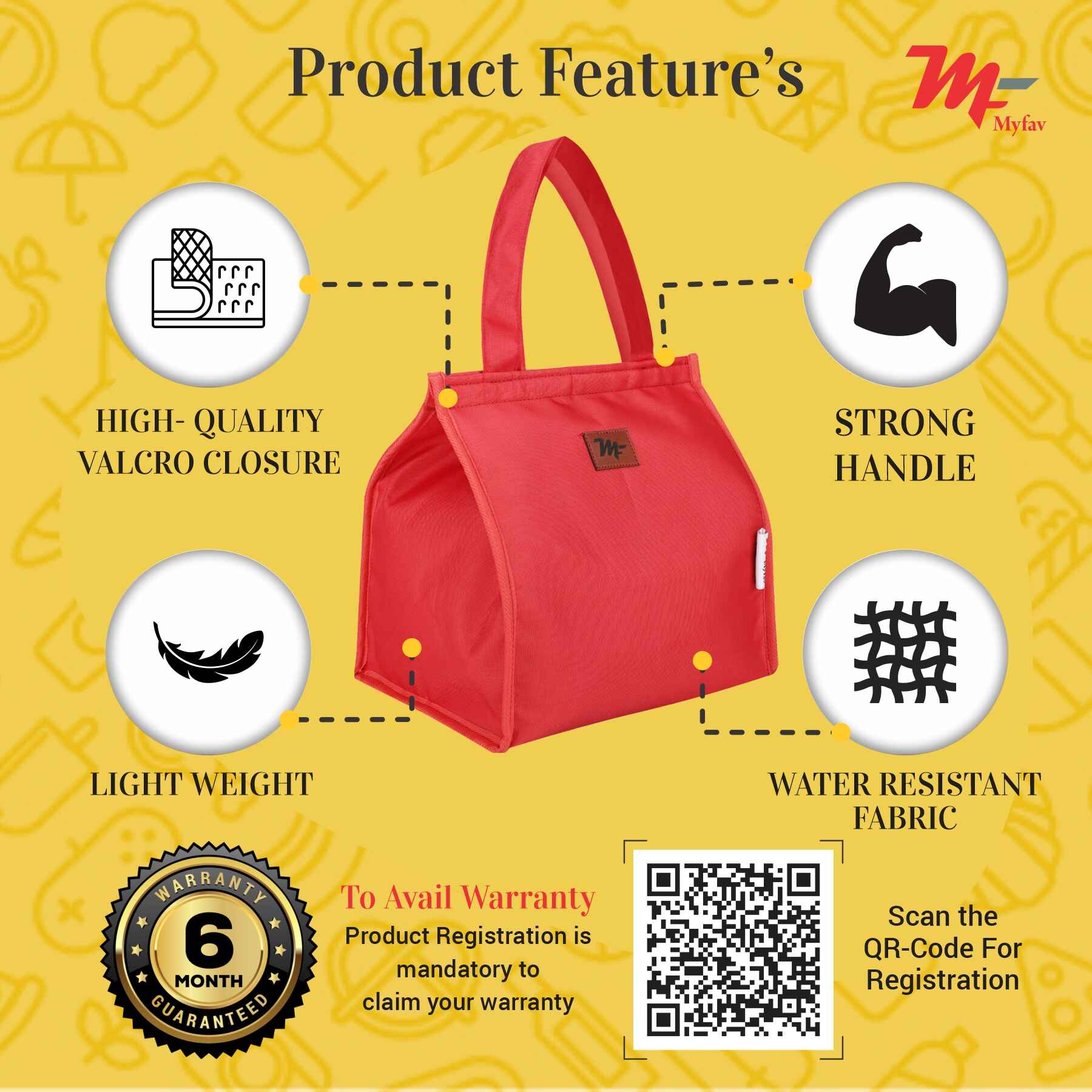 MY FAV Lunch Bag for Kids, Men & Women, Velcro Closure Tiffin Bag for Travel, Office, College & School, Durable and Lightweight (8 Liter) (Red)
