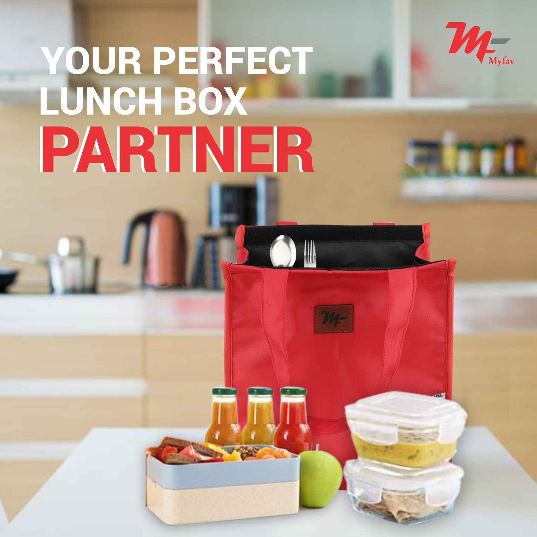 MY FAV Lunch Bag for Kids, Men & Women, Velcro Closure Tiffin Bag for Travel, Office, College & School, Durable and Lightweight (8 Liter) (Red)