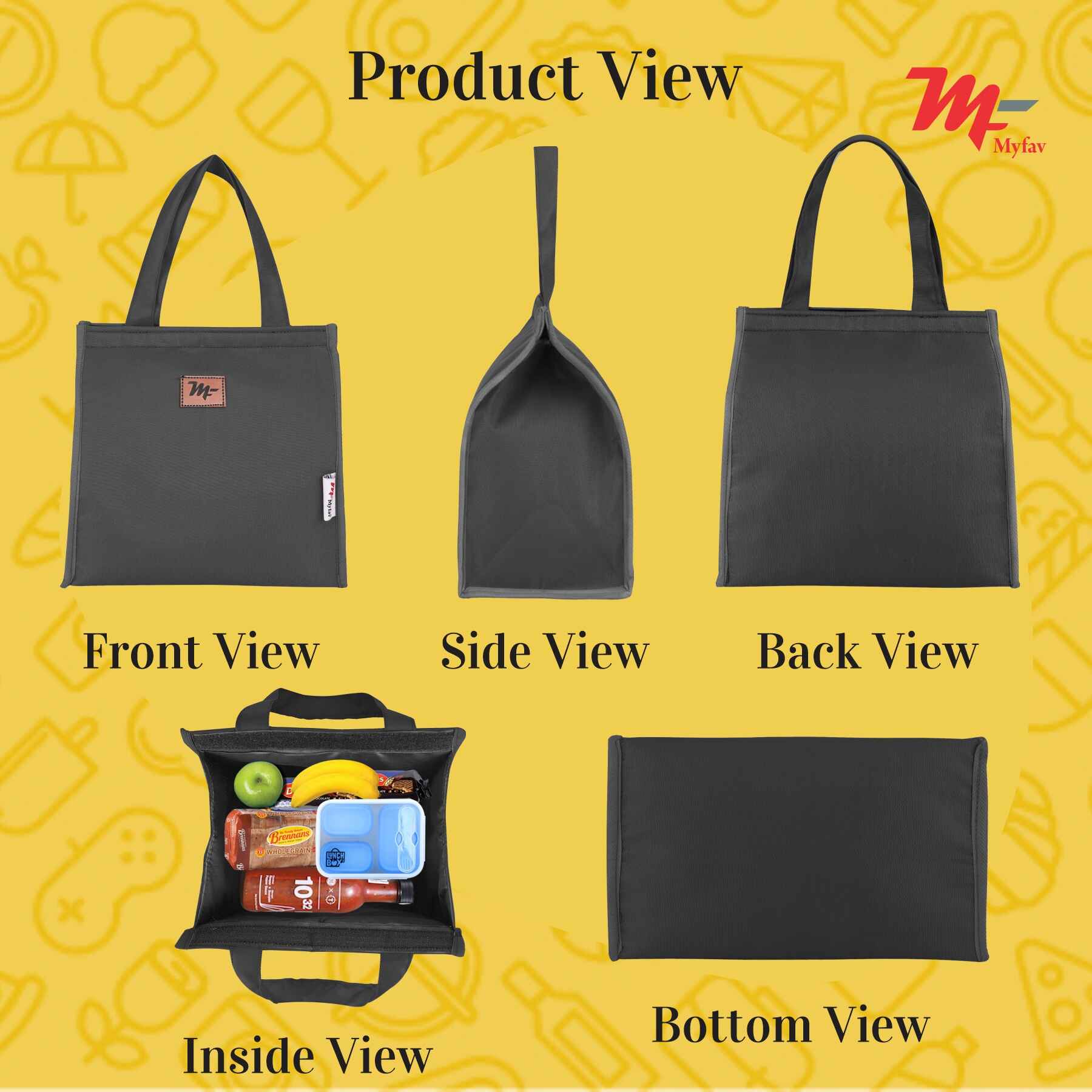 MY FAV Lunch Bag for Kids, Men & Women, Velcro Closure Tiffin Bag for Travel, Office, College & School, Durable and Lightweight (8 Liter) (Black)