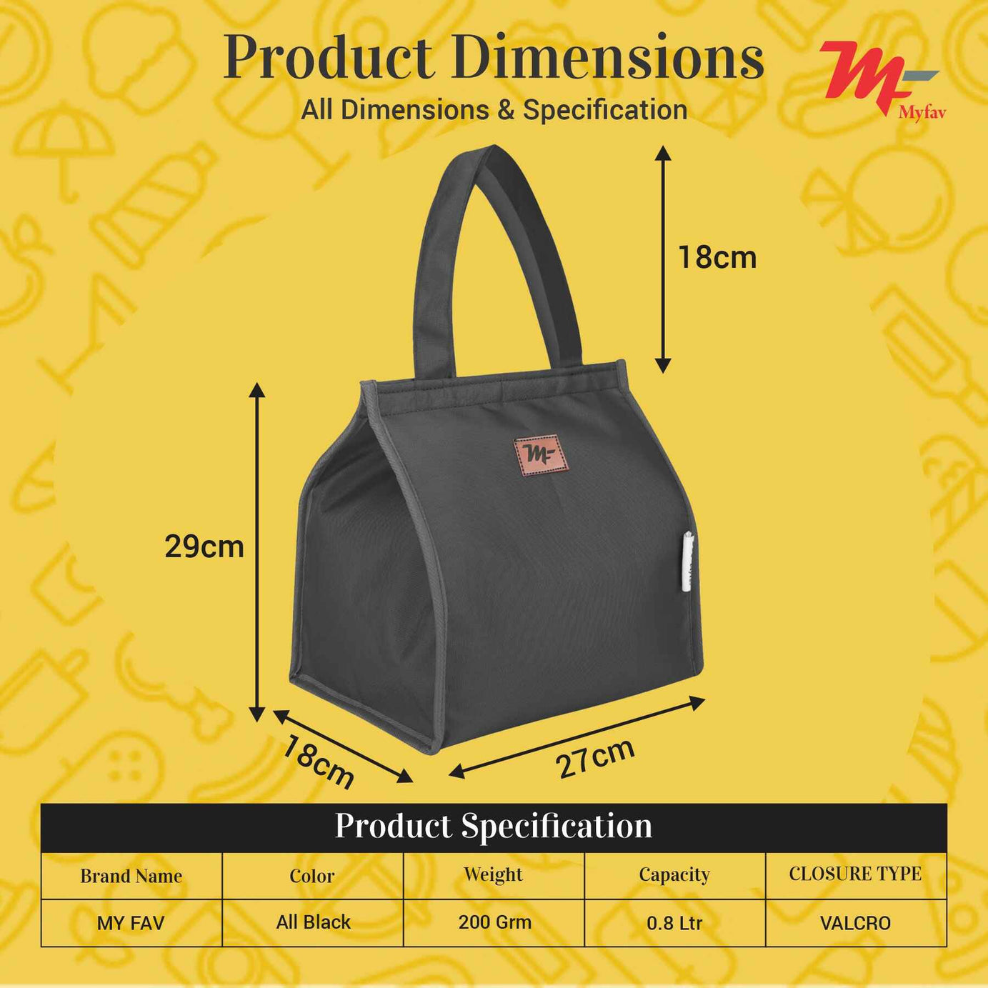 MY FAV Lunch Bag for Kids, Men & Women, Velcro Closure Tiffin Bag for Travel, Office, College & School, Durable and Lightweight (8 Liter) (Black)