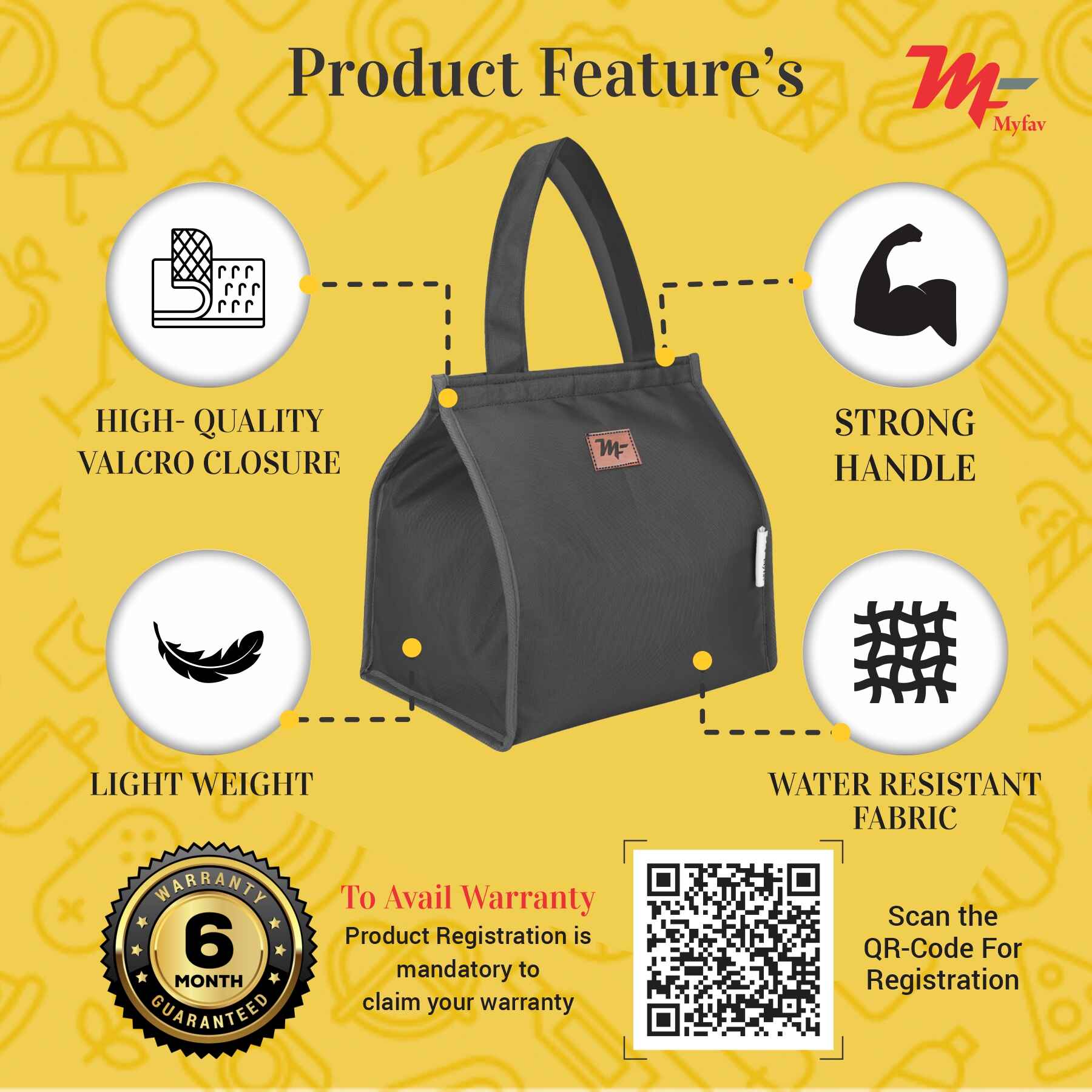 MY FAV Lunch Bag for Kids, Men & Women, Velcro Closure Tiffin Bag for Travel, Office, College & School, Durable and Lightweight (8 Liter) (Black)