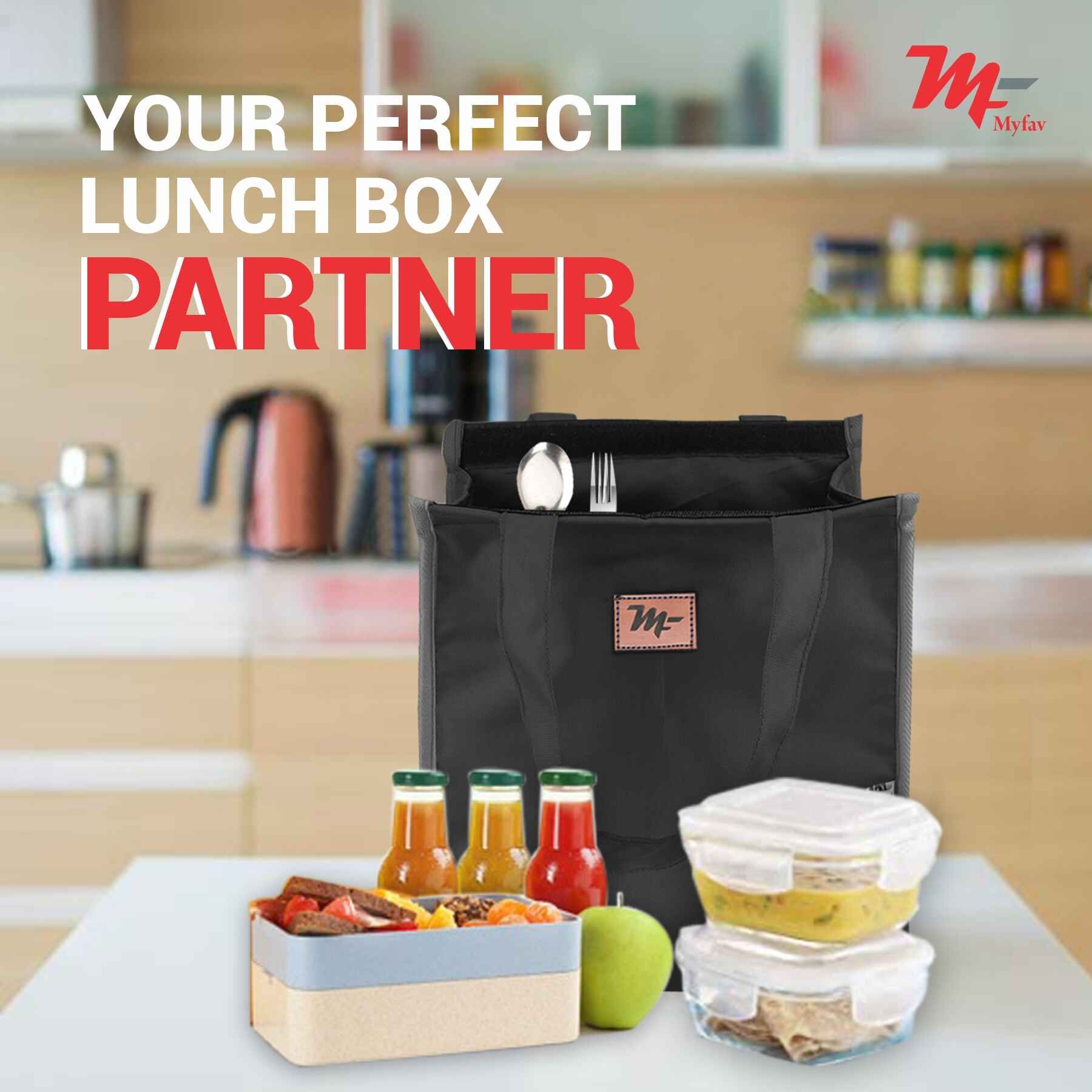 MY FAV Lunch Bag for Kids, Men & Women, Velcro Closure Tiffin Bag for Travel, Office, College & School, Durable and Lightweight (8 Liter) (Black)