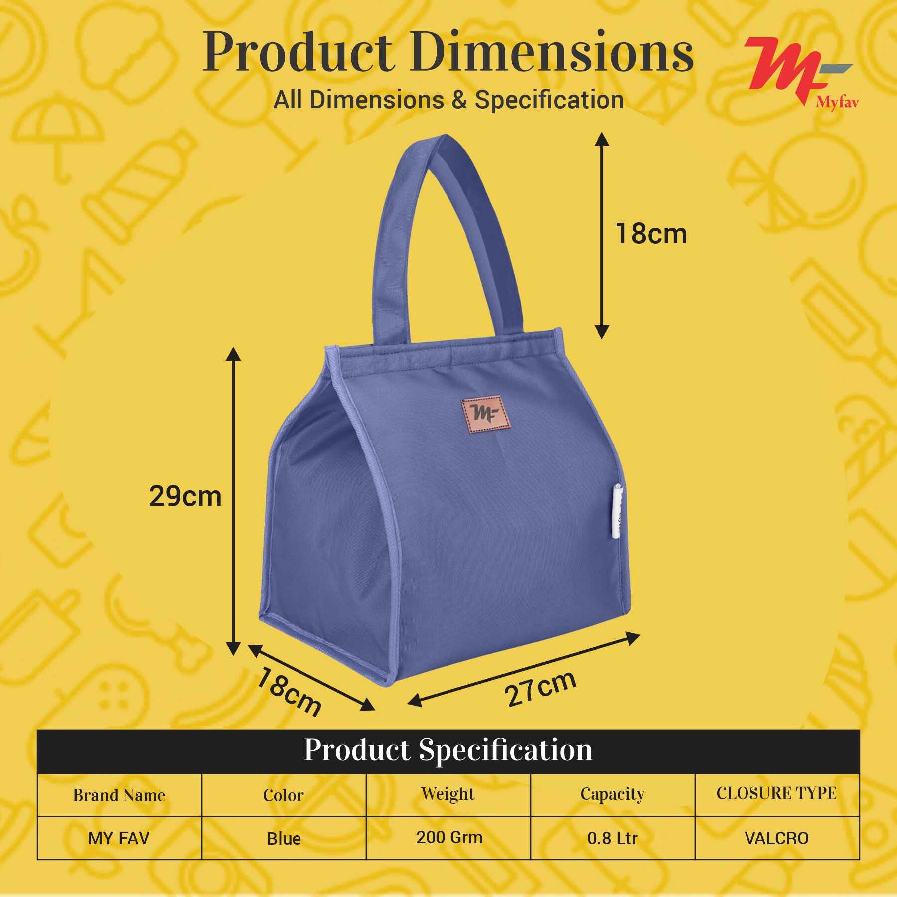 MY FAV Lunch Bag for Kids, Men & Women, Velcro Closure Tiffin Bag for Travel, Office, College & School, Durable and Lightweight (8 Liter) (Blue)