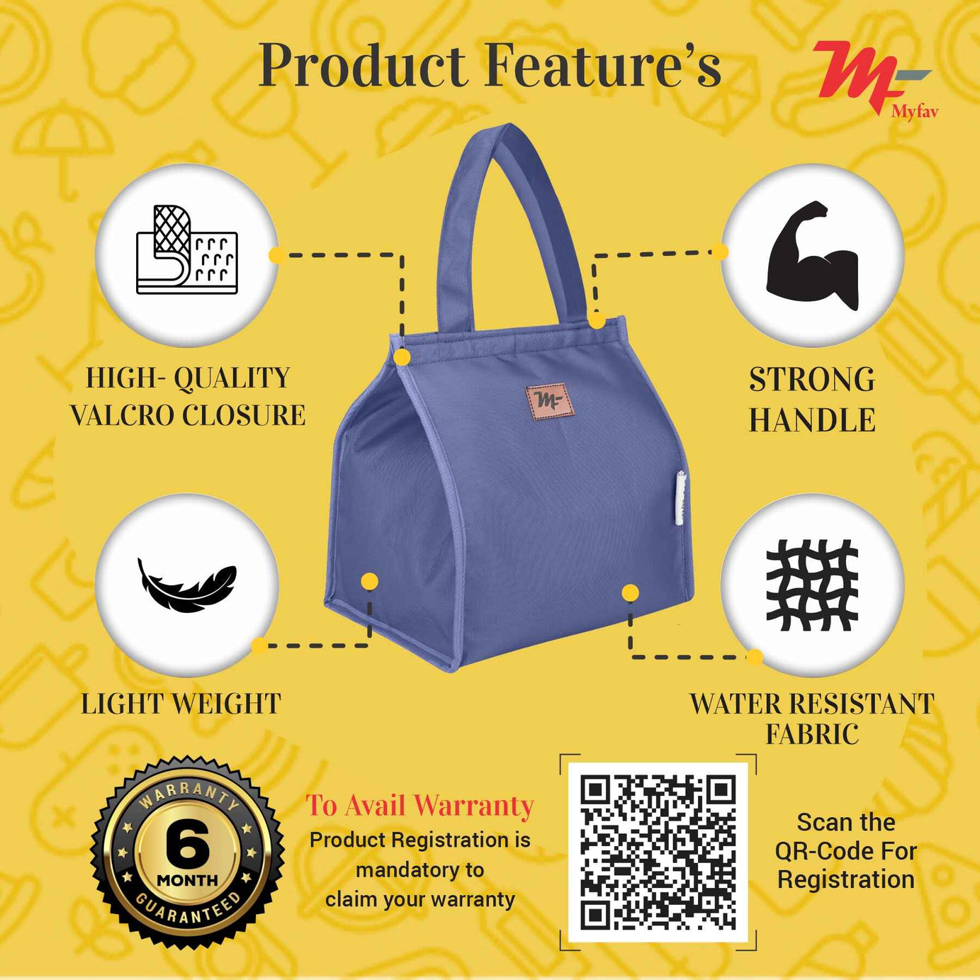 MY FAV Lunch Bag for Kids, Men & Women, Velcro Closure Tiffin Bag for Travel, Office, College & School, Durable and Lightweight (8 Liter) (Blue)