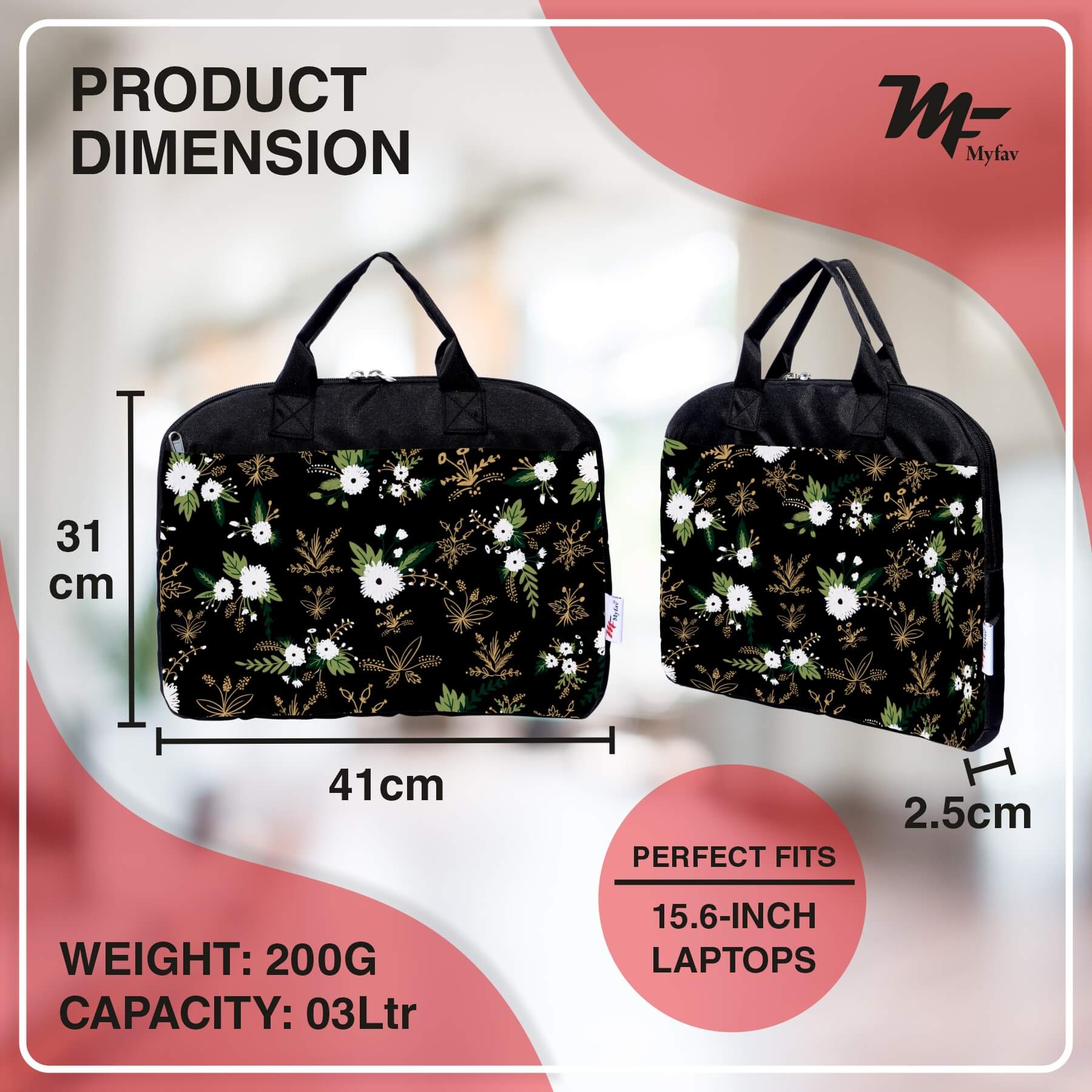 My Fav Floral Print Office Laptop Bag Briefcase 15.6 Inch for Women and Men