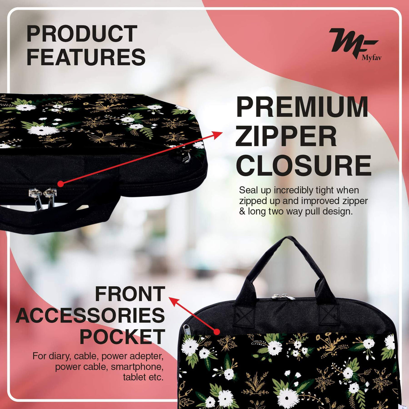 My Fav Floral Print Office Laptop Bag Briefcase 15.6 Inch for Women and Men