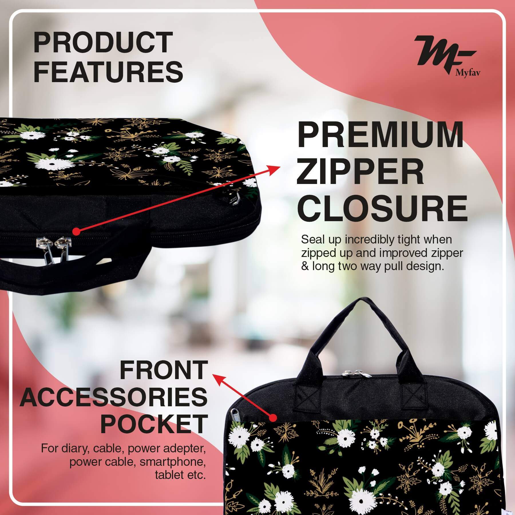 My Fav Floral Print Office Laptop Bag Briefcase 15.6 Inch for Women and Men