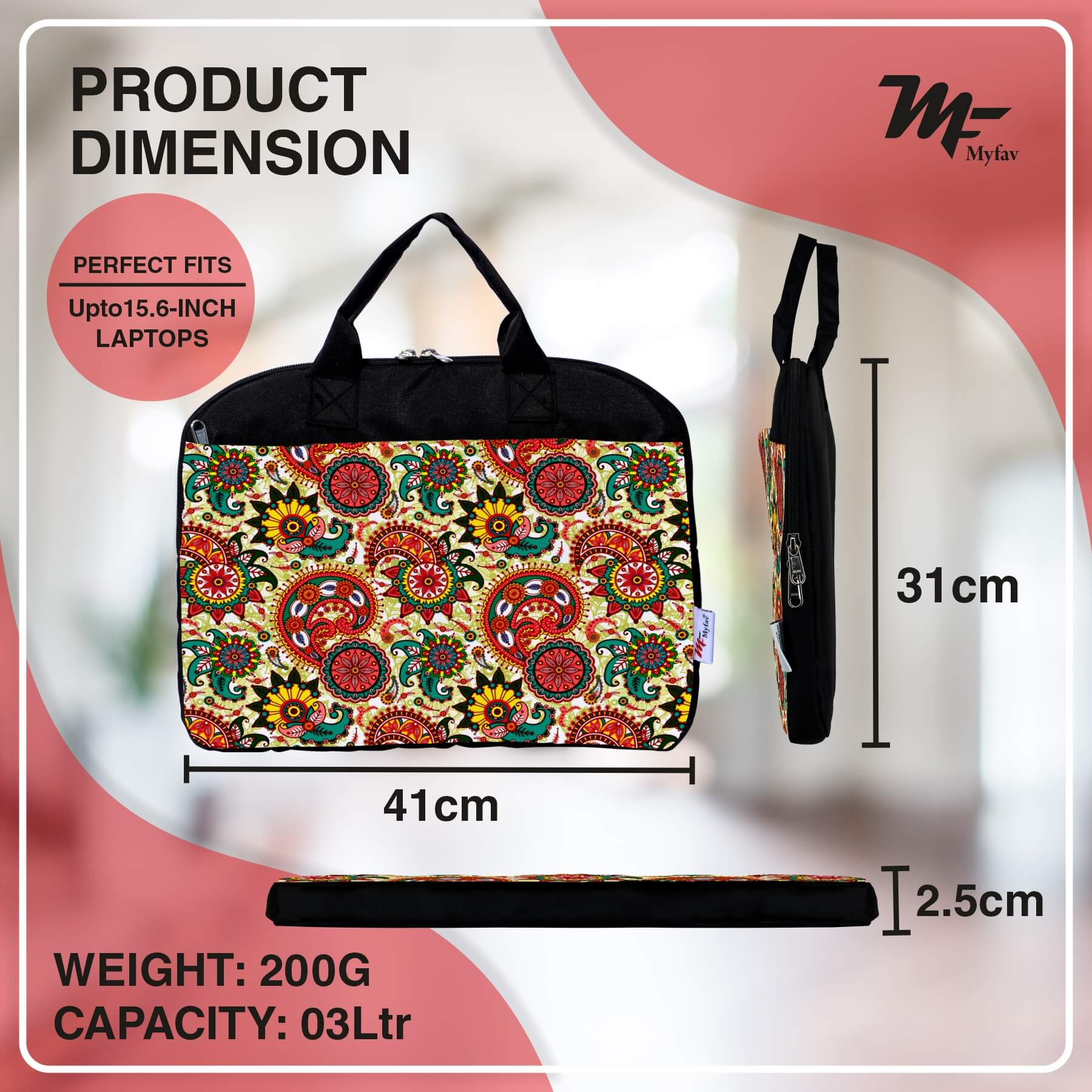 My Fav Traditional Print Office Laptop Bag Briefcase 15.6 Inch for Women and Men