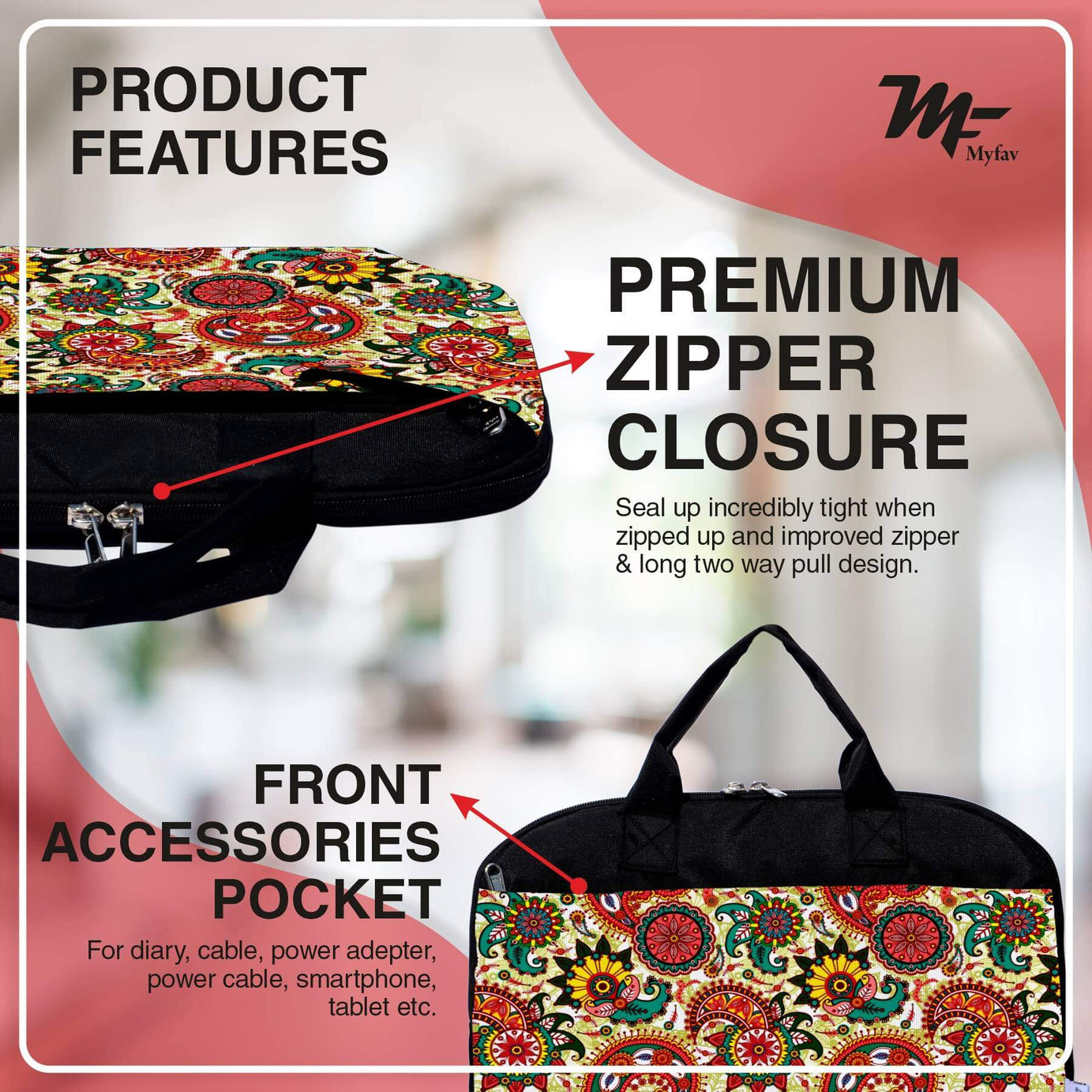 My Fav Traditional Print Office Laptop Bag Briefcase 15.6 Inch for Women and Men