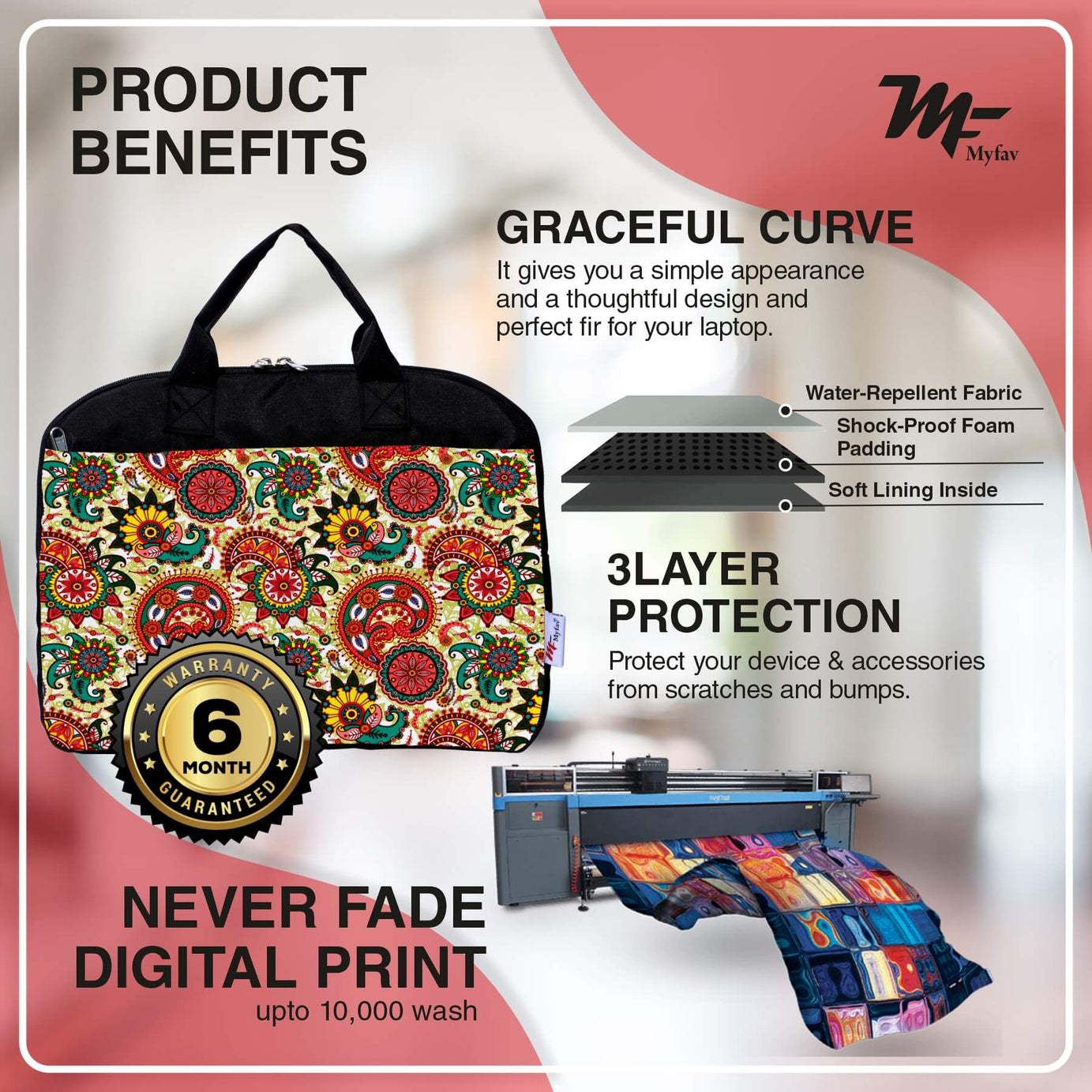 My Fav Traditional Print Office Laptop Bag Briefcase 15.6 Inch for Women and Men