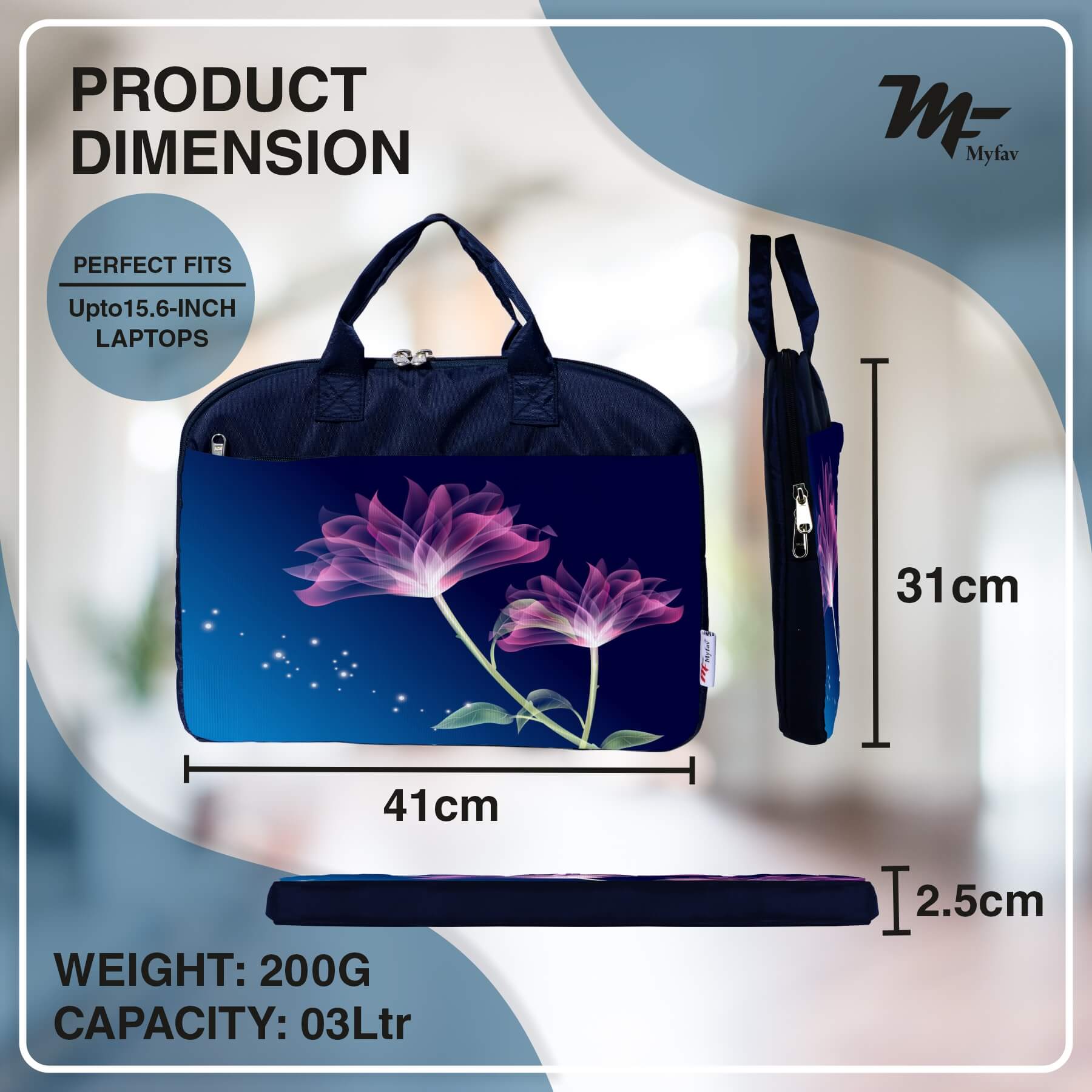 My Fav Blue Pink Flower Print Office Laptop Bag Briefcase 15.6 Inch for Women and Men