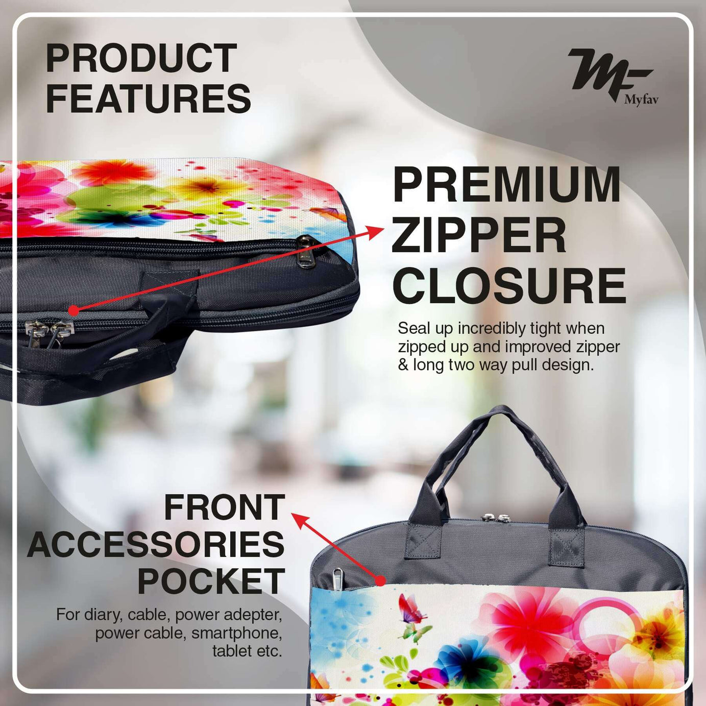 My Fav Bright Floral Print Office Laptop Bag Briefcase 15.6 Inch for Women and Men