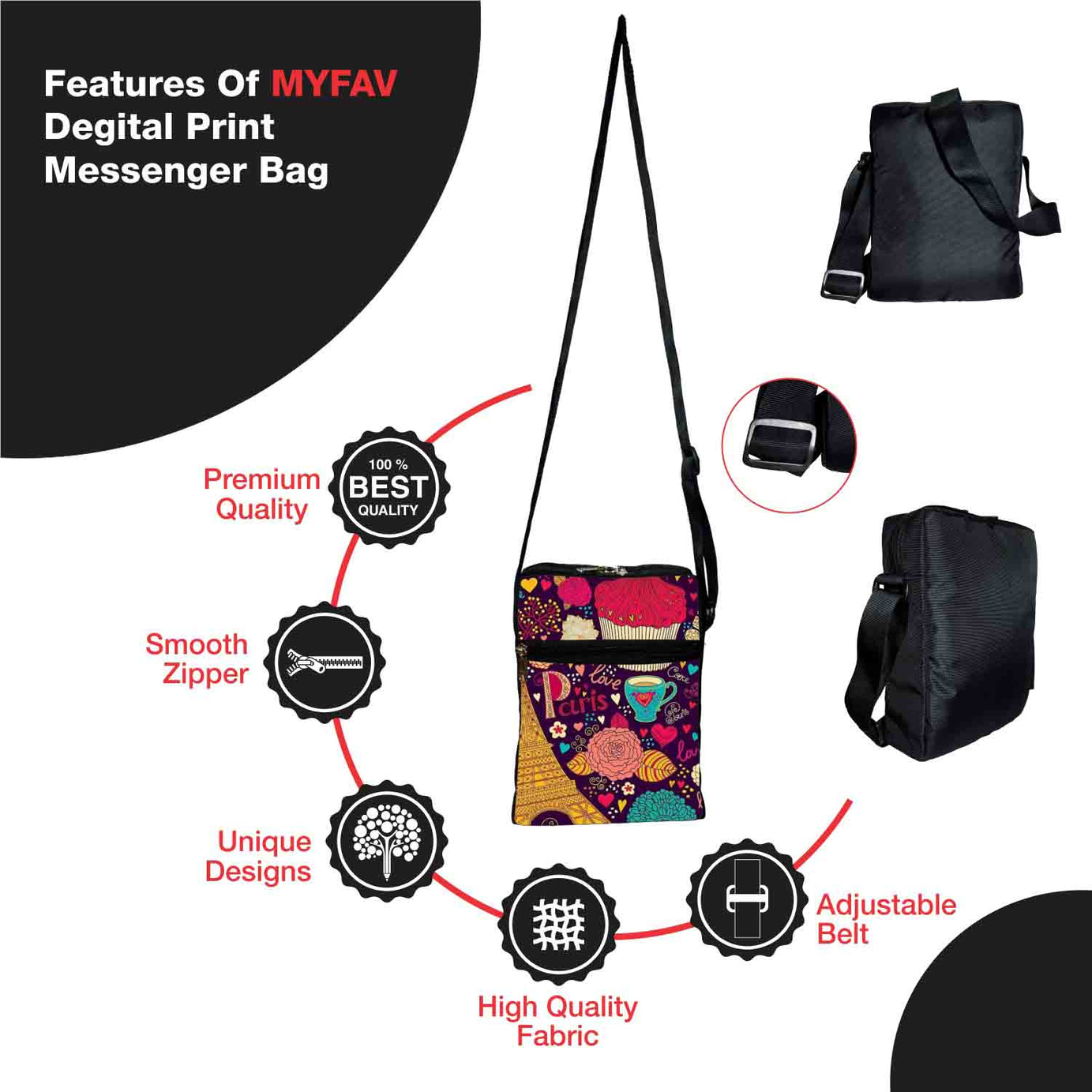 My Fav Love Paris Print Messanger Bag Sling Bag For Boys Girls