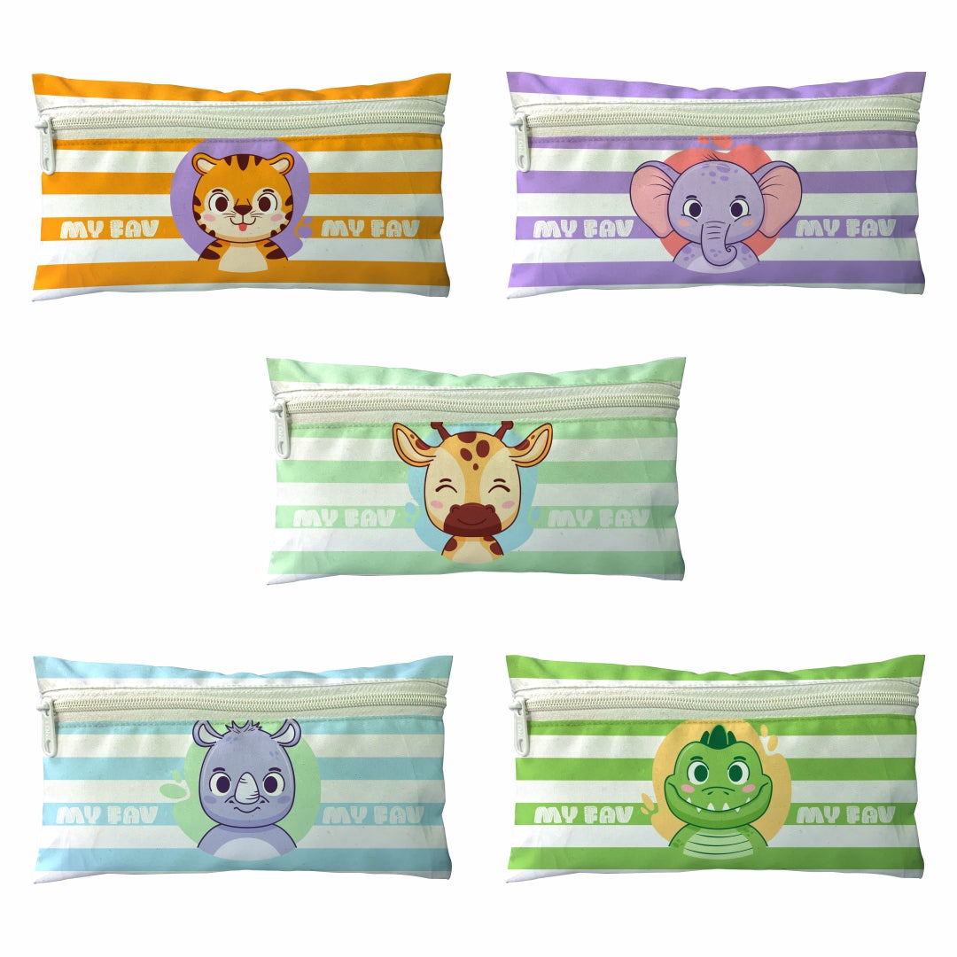 MY FAV Polyester Animal Print Pencil Pouch Bag Case With Zip For Students (Pack Of 5)