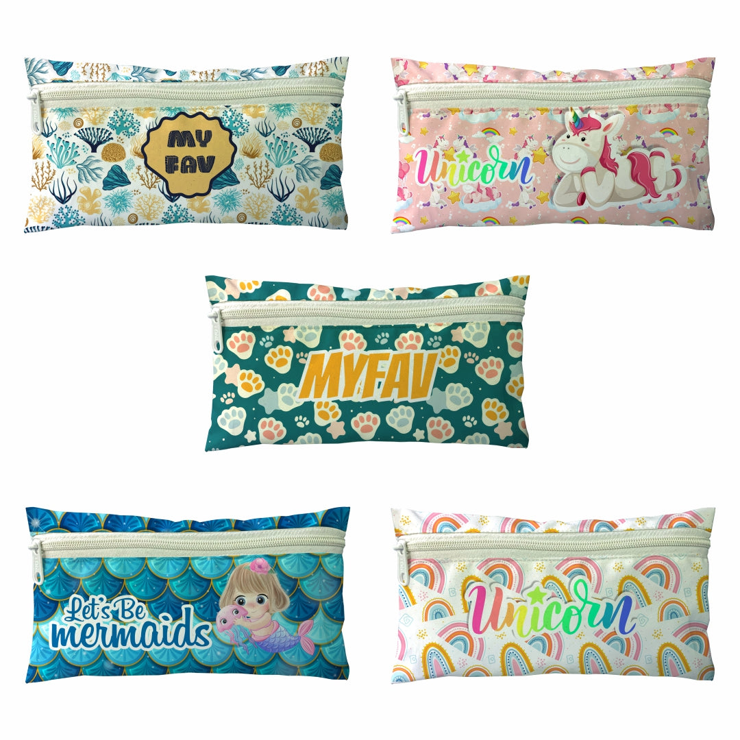 MY FAV Unicorn Print Pencil Pouch Bag Case with Zip for Students (5 Pcs)