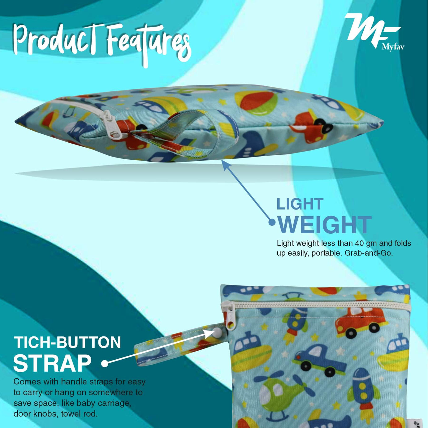 My Fav Multiutility Wet Dry Pouch with Zipper, Resusable & Washable Organizer Baby Diaper Bag/Travel Pouch/Travel Kit (Multicolor) Pack of 6