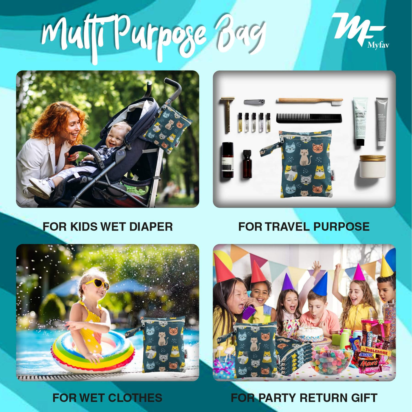 My Fav Cat Print Multiutility Wet Dry Pouch/Diaper Bag/Travel Pouch/Travel Kit