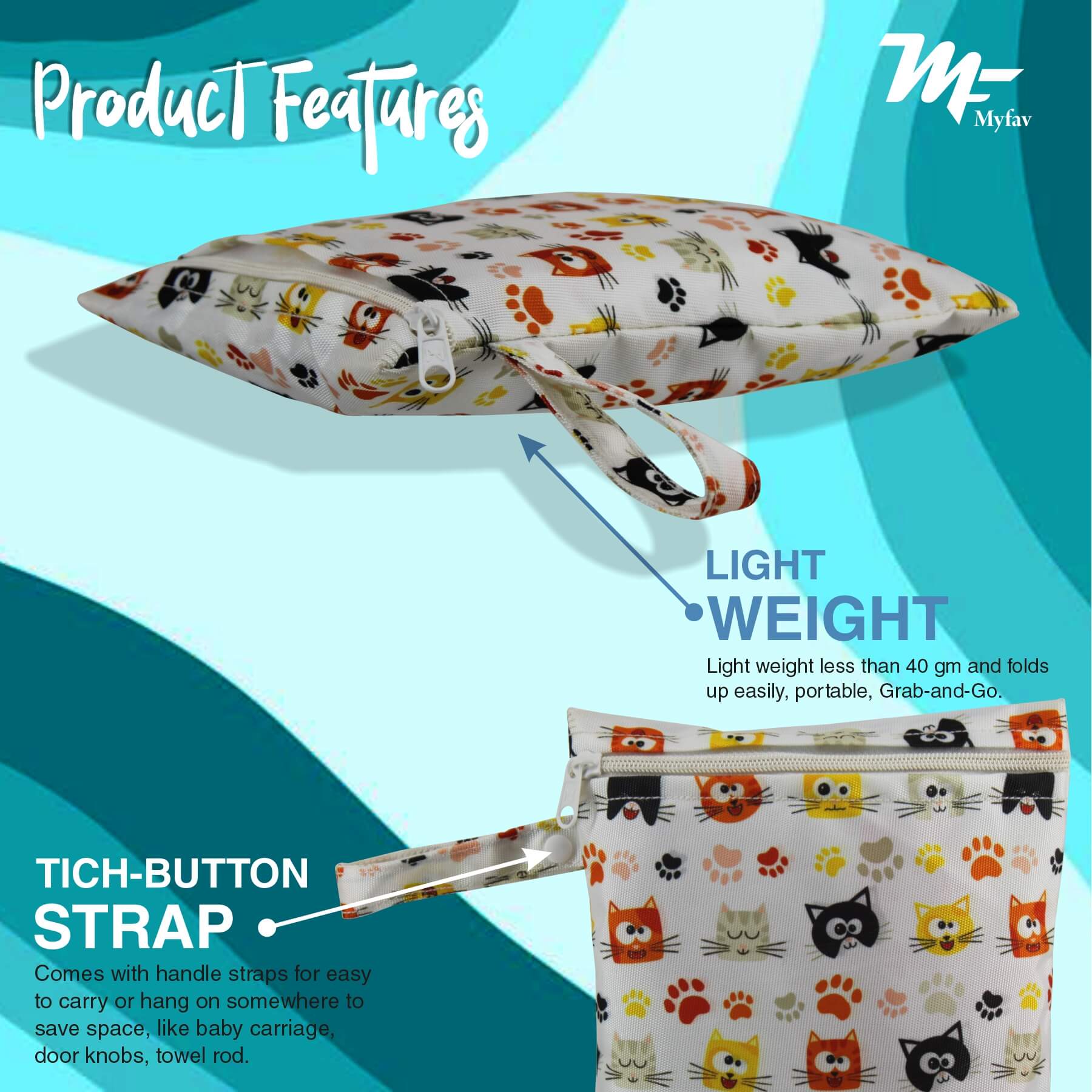 My Fav Cat Faces Print Multiutility Wet Dry Pouch/Diaper Bag/Travel Pouch/Travel Kit