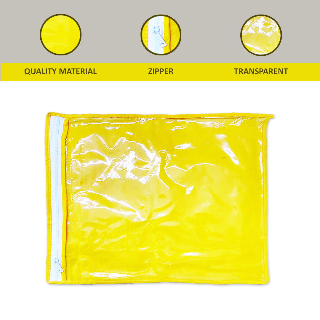 Foldable Single Saree Covers/Clothes Storage Bag/Wardrobe Organizer With Transparent Top And Zip, Color-Golden, Size-36x42x2 cm